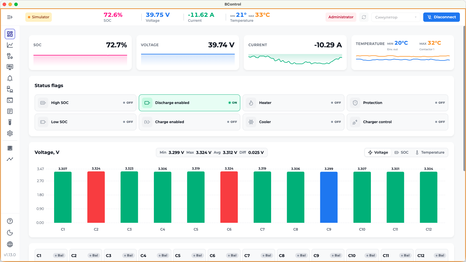 BControl interface in English
