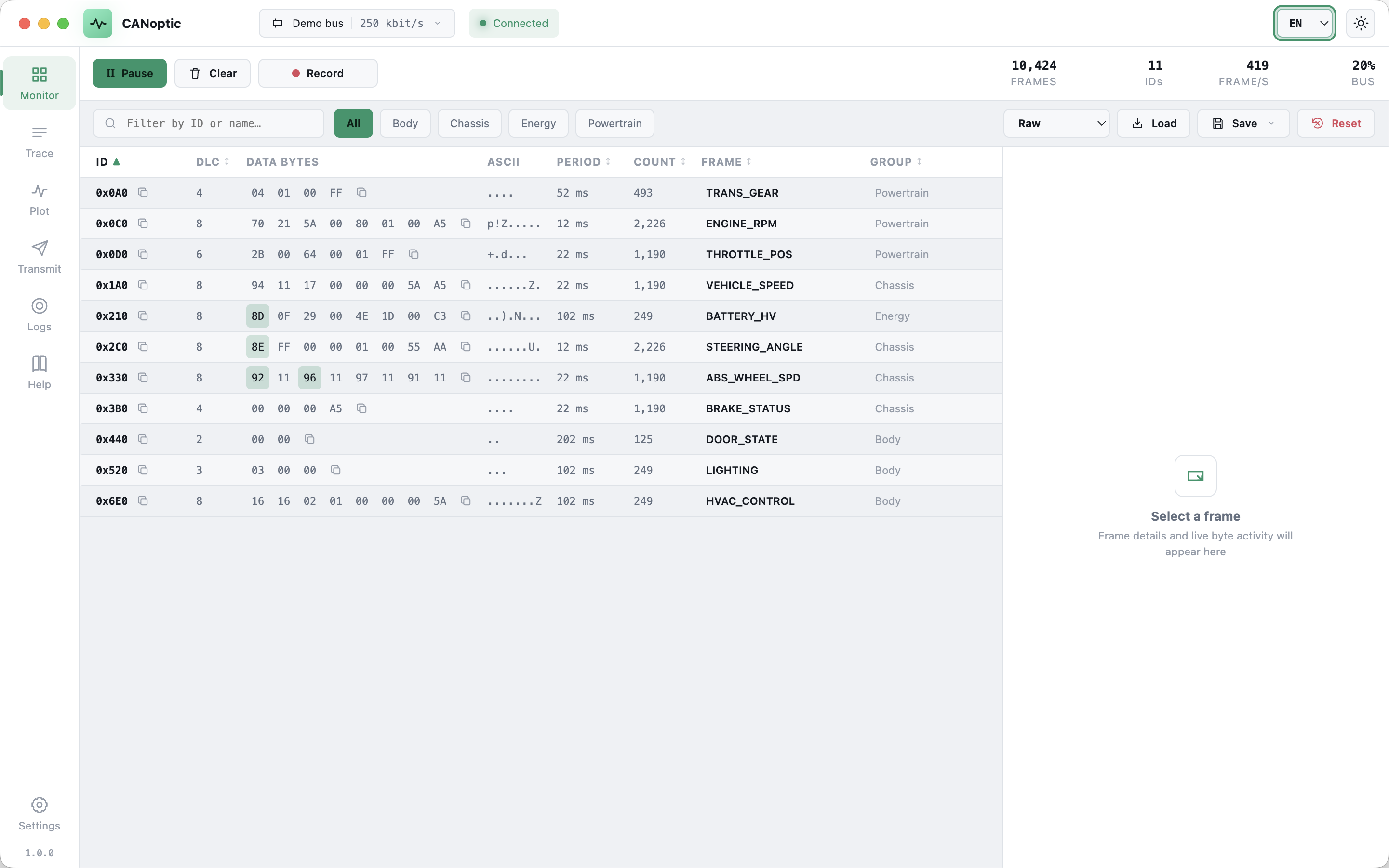 CANoptic interface in English